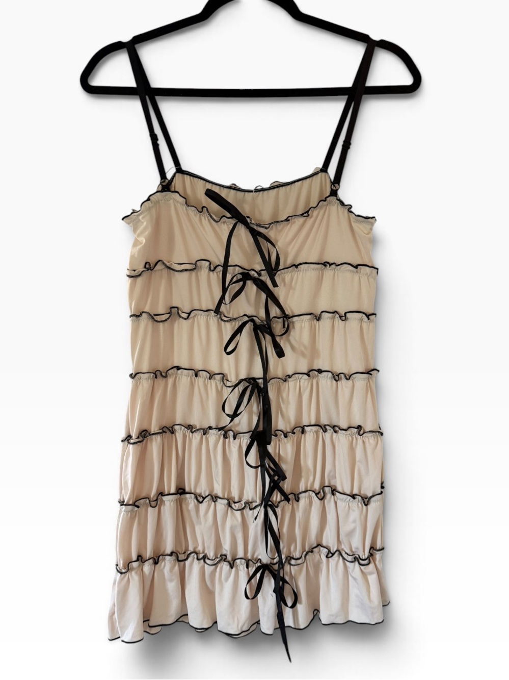 Women's Cream Tiered Mini Dress with Black Trim - Picture 9 of 9